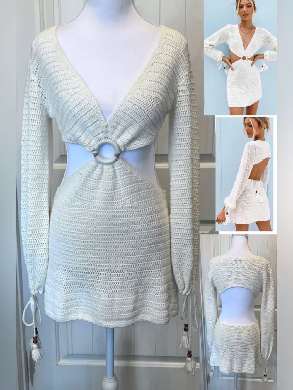 Beginning Boutique Cream Crochet Knit Cut out mini dress Tassel ties Size 6